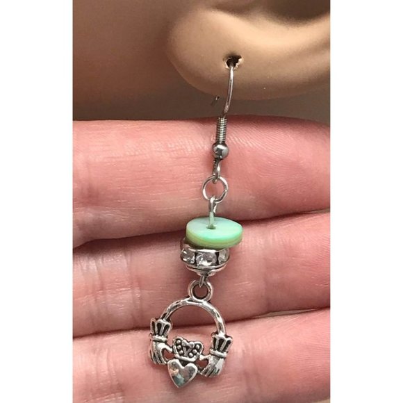 Claddagh Hook Earrings Green Mother of Pearl Shell - Picture 7 of 9